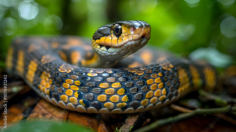 Amazon Whip Snake slithering through the underbrush, its slender body and scales highlighted Amazon Whip Snake slithering through the underbrush, its slender body and scales highlighted