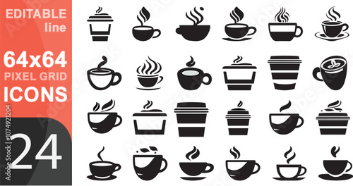 Coffee icon collection - vector outline illustration and silhouette