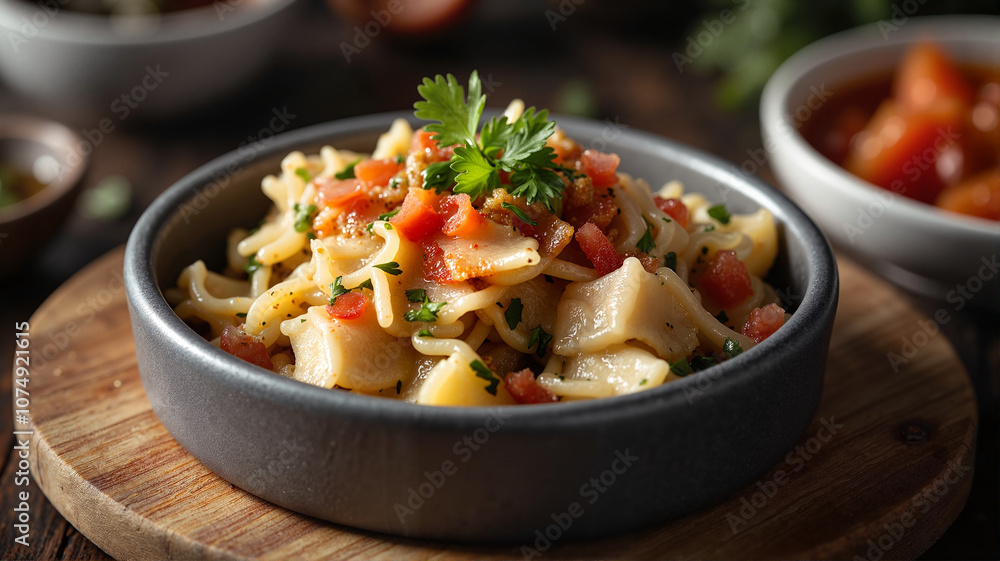 Delicious pasta salad with tomatoes and herbs in bowl Delicious pasta salad with tomatoes and herbs in bowl