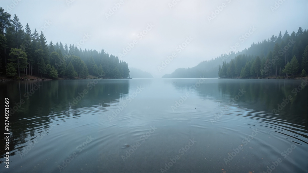 Tranquil lake surrounded by misty forest reflecting calm water Tranquil lake surrounded by misty forest reflecting calm water