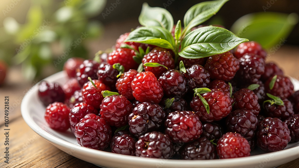 Fresh raspberries with basil on white plate Fresh raspberries with basil on white plate