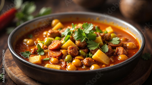 Hearty chorizo and chickpea stew with vegetables