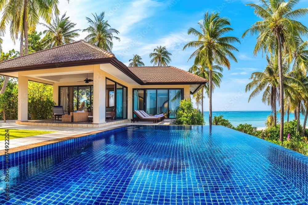Fototapeta premium Luxurious villa with an infinity pool overlooking the ocean and palm trees.