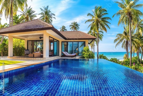 Luxurious villa with an infinity pool overlooking the ocean and palm trees.