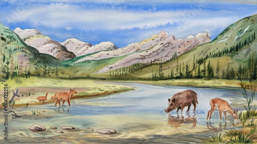 Wallpaper Mural Watercolor Painting of Animals Drinking from a River in a Mountain Valley Torontodigital.ca