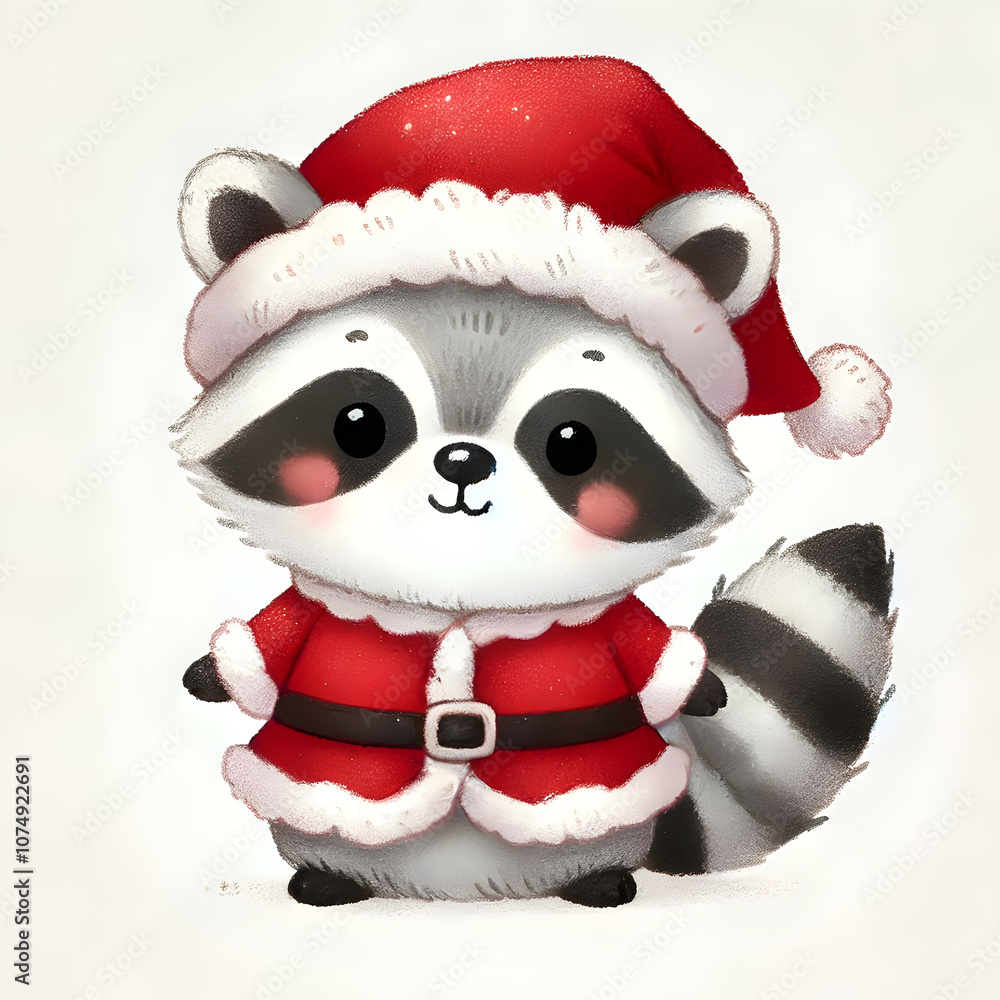 Niedlicher Waschbär im Weihnachtsmannkostüm, festliche Illustration im Cartoon-Stil Niedlicher Waschbär im Weihnachtsmannkostüm, festliche Illustration im Cartoon-Stil