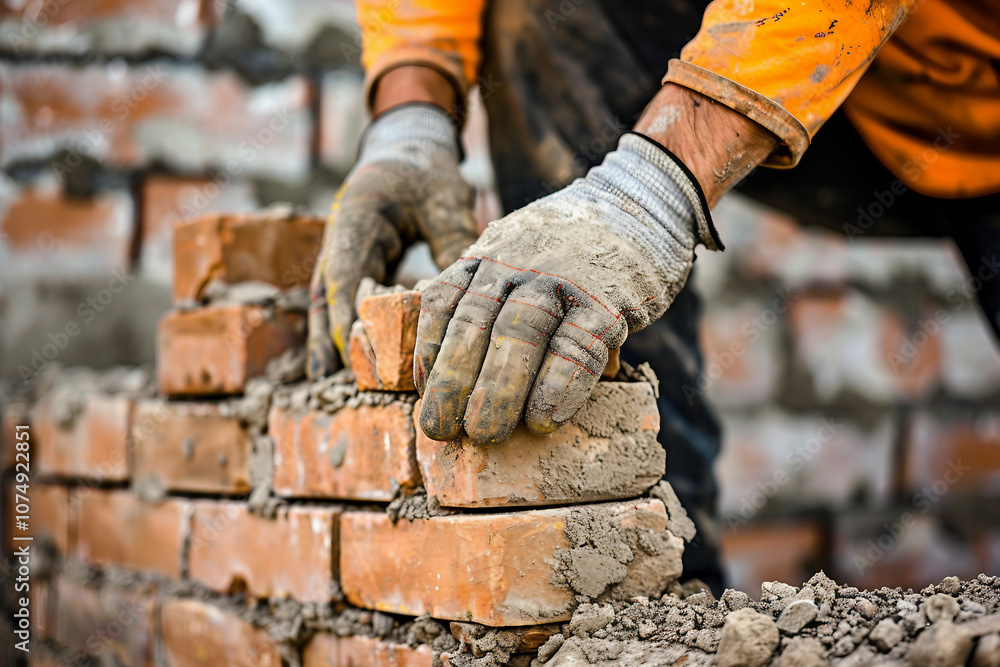 Closeup of industrial bricklayer installing bricks at a construction site generative ai Closeup of industrial bricklayer installing bricks at a construction site generative ai