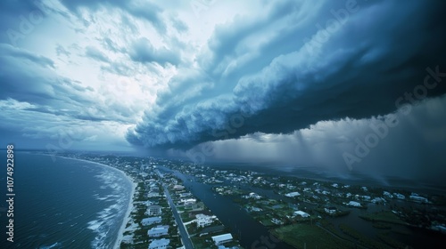 Obraz na płótnie Climate Change Crisis: Terrifying Hurricane Approaching Coastal Town with Dark Clouds and Turbulent Waters w salonie
