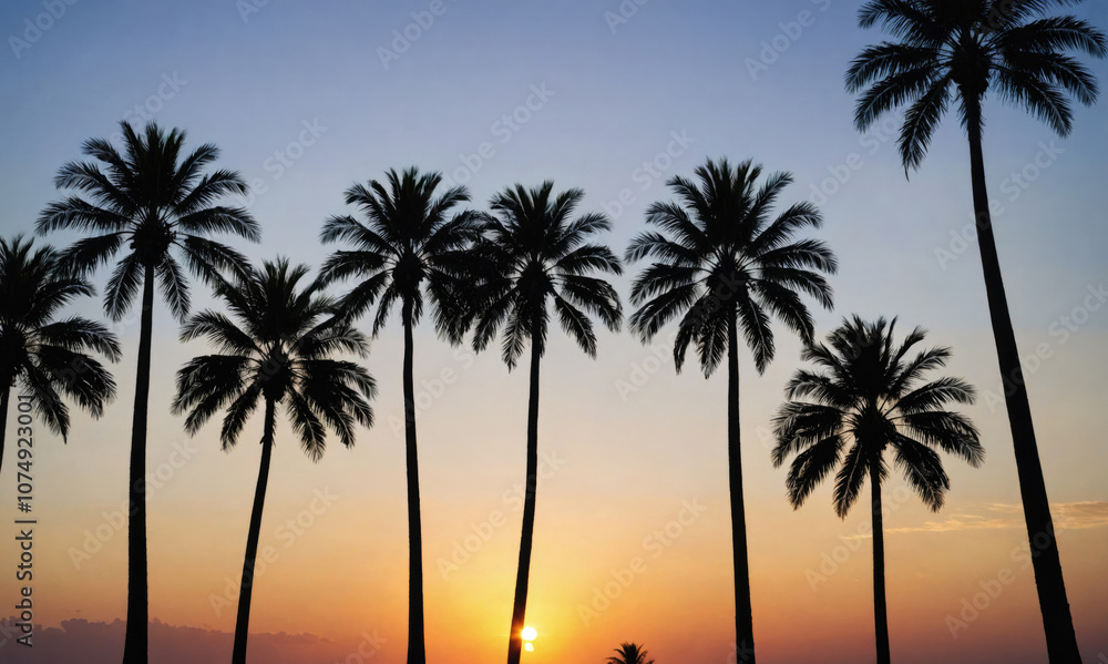 Palm trees stand tall against a vibrant sunset sky Palm trees stand tall against a vibrant sunset sky