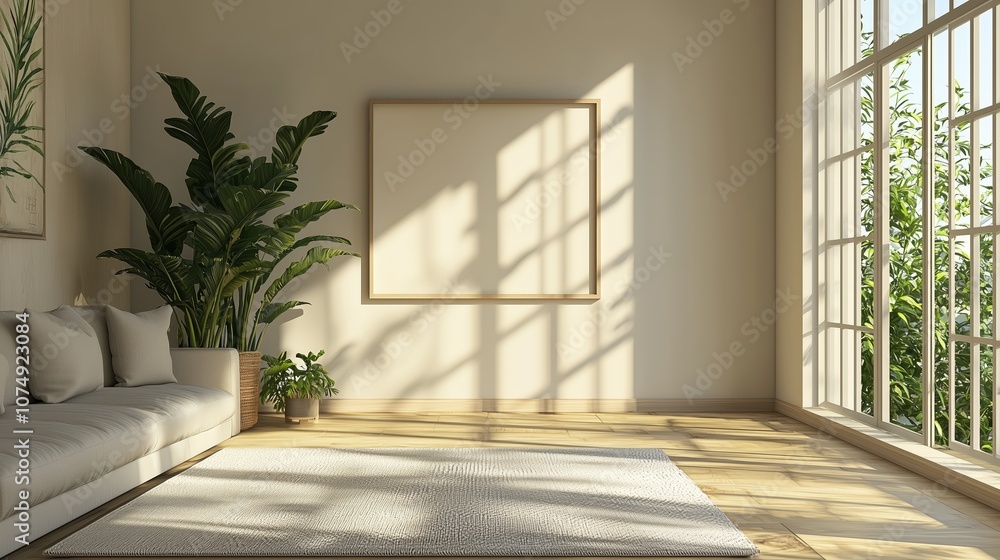 A bright, minimalist living room features a cozy sofa, a large window with sunlight, and a blank canvas ready for personalization. A bright, minimalist living room features a cozy sofa, a large window with sunlight, and a blank canvas ready for personalization.