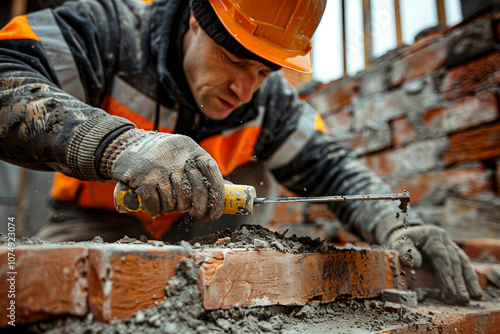 A skilled bricklayer at work on a bustling modern construction site generative ai