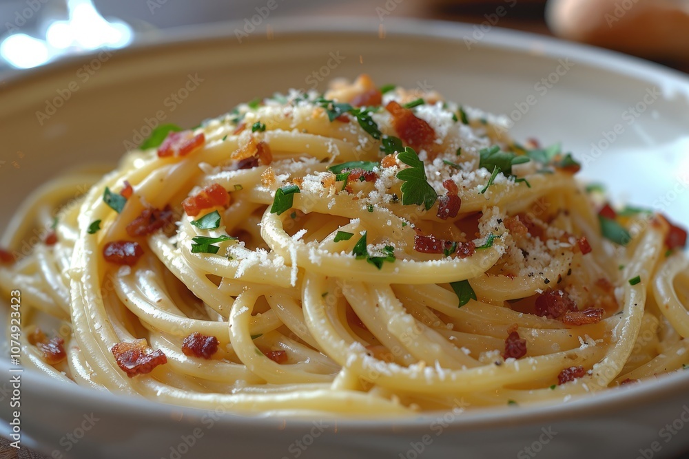 Close-up of Spaghetti with Bacon, Parsley, and Parmesan Cheese Close-up of Spaghetti with Bacon, Parsley, and Parmesan Cheese