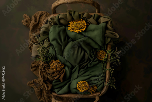 Textiles arranged in a basket with flowers and greenery on a dark surface during soft lighting