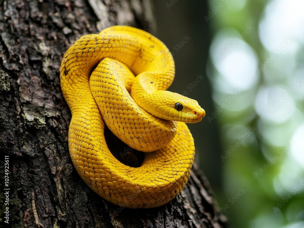 Fototapeta premium Close-Up of Albino Snake with Yellow Scales and Unique Patterns Resting on Tree