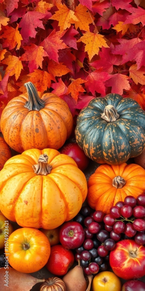 Thanksgiving pumpkins surrounded by an assortment of fruits such as apples, pears, and grapes, with colorful falling leaves in the background, fruits Thanksgiving pumpkins surrounded by an assortment of fruits such as apples, pears, and grapes, with colorful falling leaves in the background, fruits