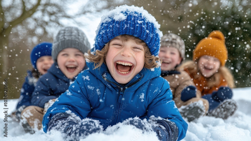 A joyful group of children play in the snow, laughing and enjoying a winter day, wearing colorful hats and warm clothing. A joyful group of children play in the snow, laughing and enjoying a winter day, wearing colorful hats and warm clothing.