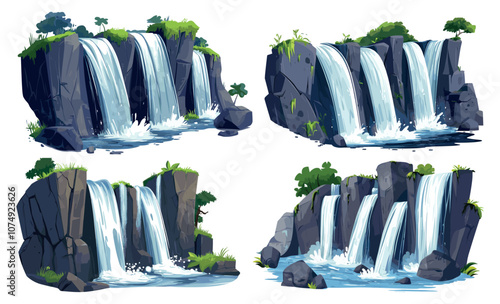 Waterfalls Collection Cartoon Illustrations White Background Various Colorful Flow Scenes Nature Inspired Illustrations Water Features Relaxing Aesthetic Freshwater Cascades Cute