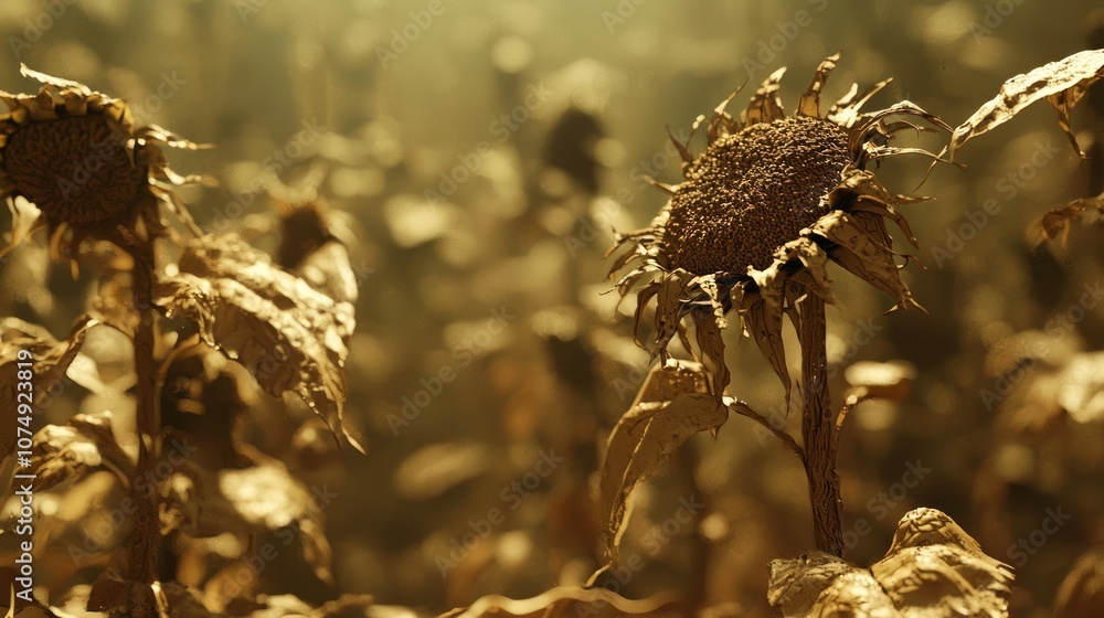Obraz premium Climate Change Impact on Ecosystems: Contrasting Sunflower Wilting in Heat with Thriving Plants - Ultra-Detailed Environmental Photo