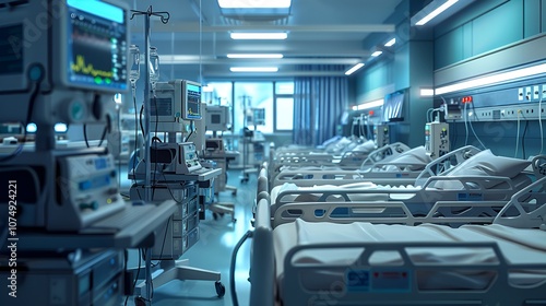 Empty Hospital Room with Beds and Advanced Medical Equipment"