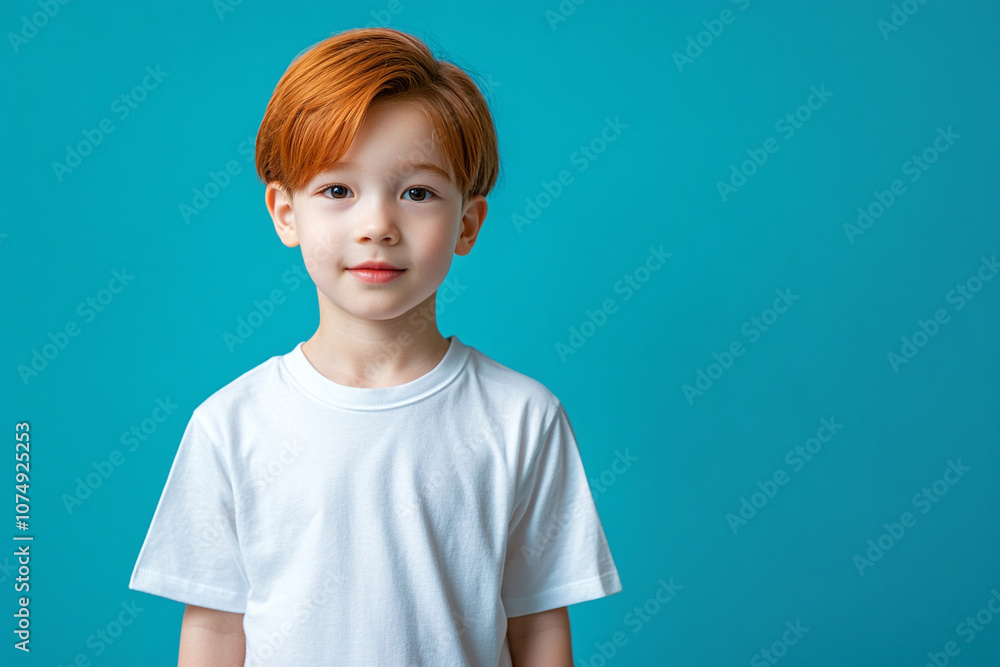 Asian ginger boy in white t-shirt on blue background. Mockup template for brand, print and advertising. Studio shooting of cute little model. Asian ginger boy in white t-shirt on blue background. Mockup template for brand, print and advertising. Studio shooting of cute little model.