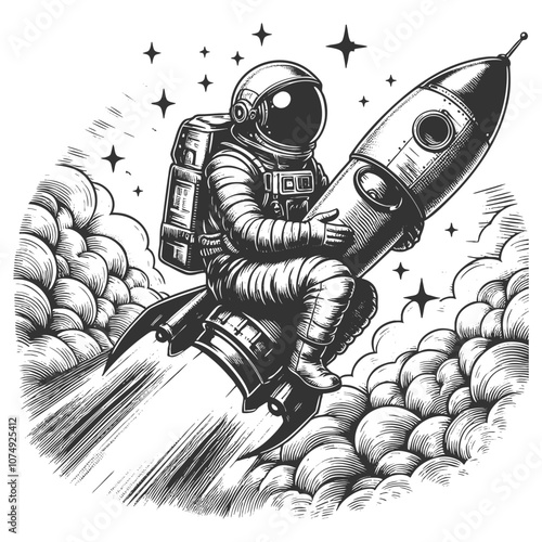 astronaut giving a peace sign while riding a rocket through space, capturing adventure and whimsy sketch engraving generative ai vector illustration. Scratch board imitation. Black and white image.