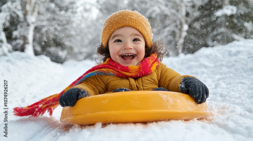 A joyful child sledding down a snowy path, wearing a cozy hat and scarf, embodying the fun of winter activities. A joyful child sledding down a snowy path, wearing a cozy hat and scarf, embodying the fun of winter activities.