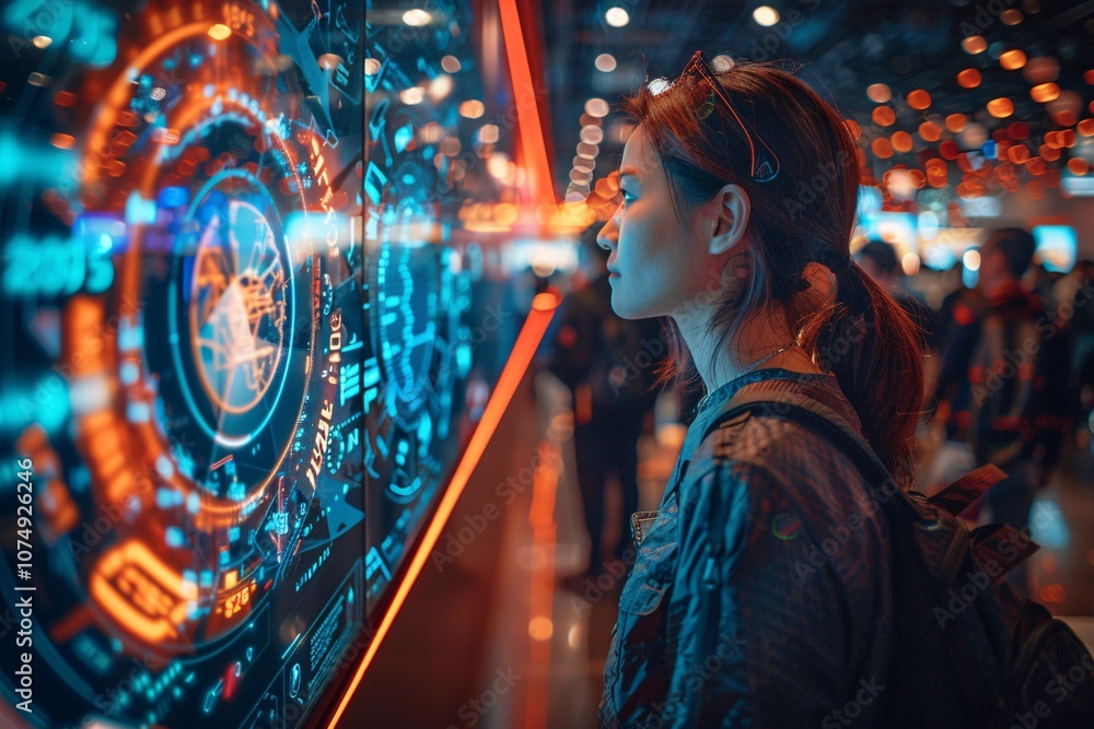 During an exciting evening event, a woman explores innovative technology displays, captivated by the vibrant visuals and information presented on the screens around her During an exciting evening event, a woman explores innovative technology displays, captivated by the vibrant visuals and information presented on the screens around her