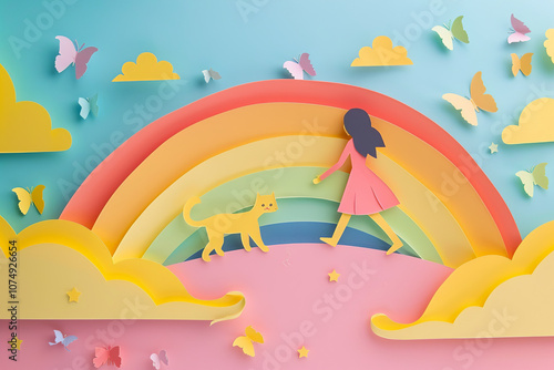 colorful paper cut style art of girl and cat walking on rainbow, simple flat illustration with pastel color photo