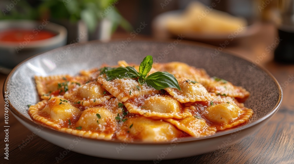 A close-up view of a delicious and appetizing plate of freshly made ravioli topped with tomato sauce, sprinkled with Parmesan cheese, and garnished with fresh basil leaves A close-up view of a delicious and appetizing plate of freshly made ravioli topped with tomato sauce, sprinkled with Parmesan cheese, and garnished with fresh basil leaves