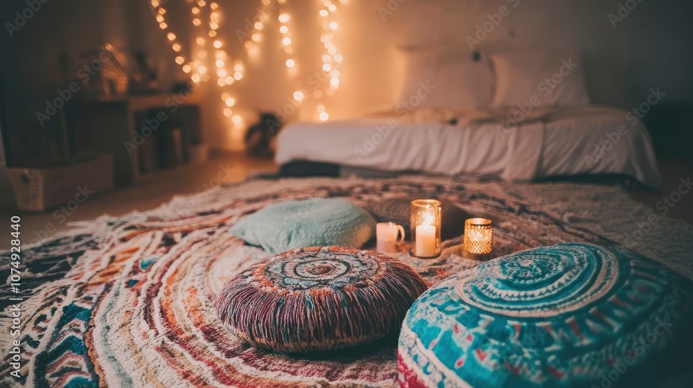 Cozy Bohemian Bedroom with String Lights and Cushions Cozy Bohemian Bedroom with String Lights and Cushions