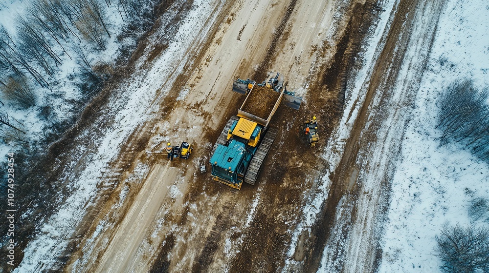 Aerial View of Construction Workers and Heavy Equipment on a Snowy Road Aerial View of Construction Workers and Heavy Equipment on a Snowy Road