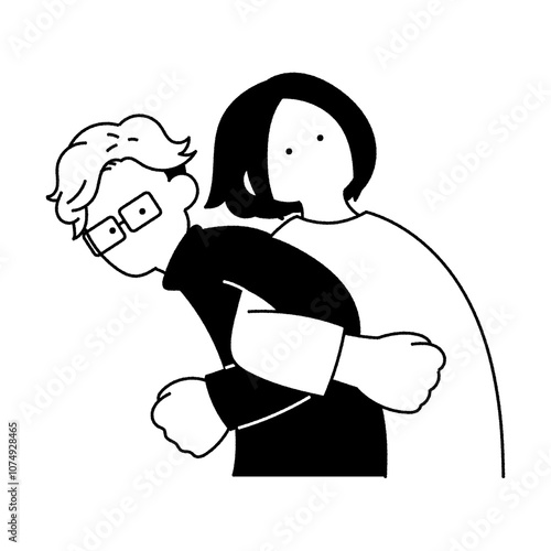 ストレッチをする仲良しペア[男女]の単色イラスト

