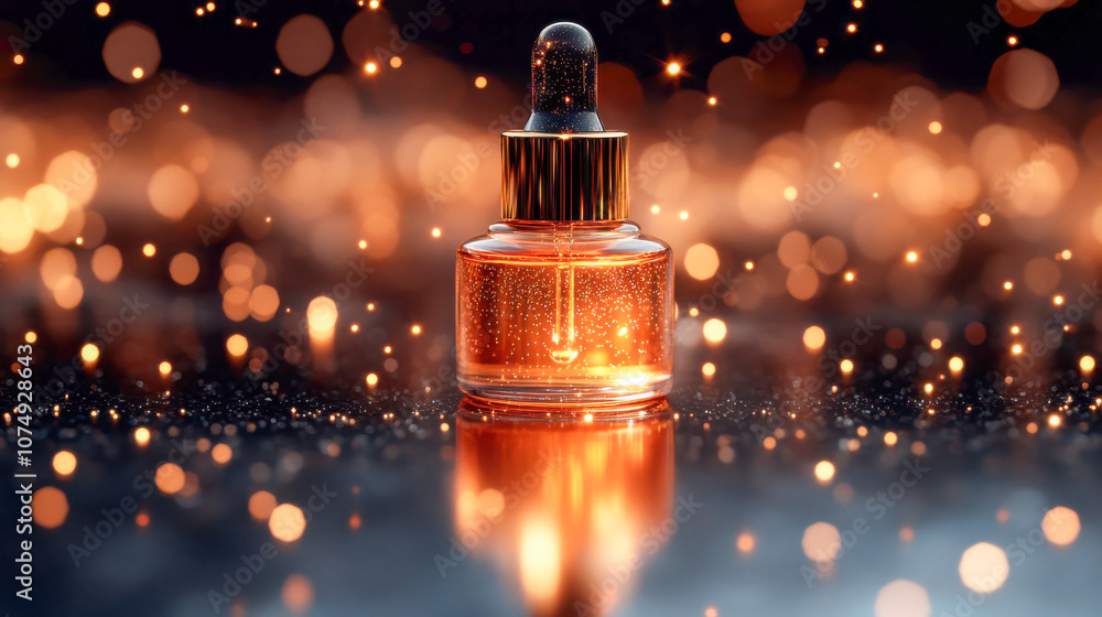 Glowing serum bottle with dropper against a bokeh-lit background, creating a magical effect Glowing serum bottle with dropper against a bokeh-lit background, creating a magical effect