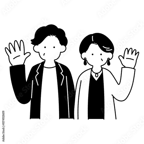 横に並んで手を振る中高年の仲良しペア[男女]の単色イラスト
