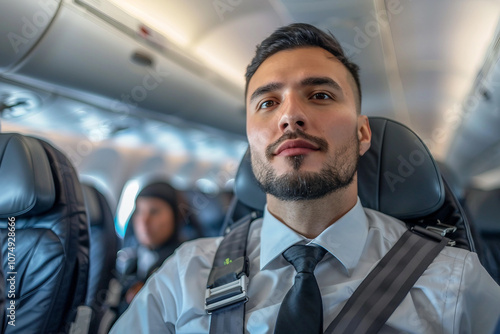 Generative AI portrait of professional airline crew worker steward stewardess pilot in uniform, showcasing service confident expression