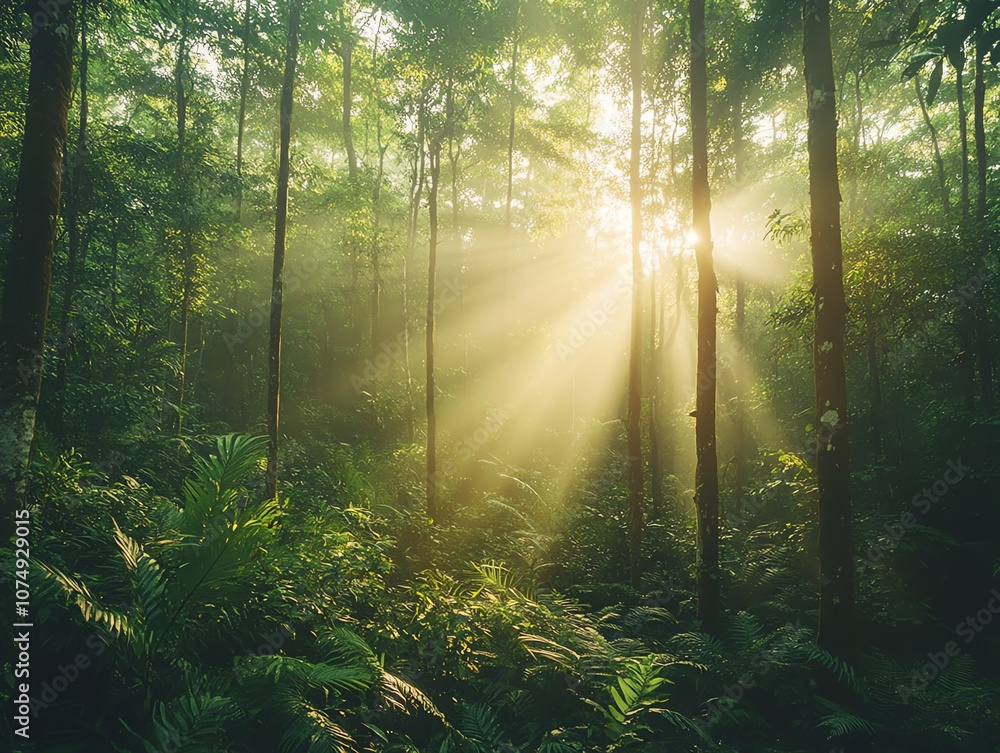 Sunlight streams through the trees in a dense, green forest, illuminating the misty air and creating a sense of peace and tranquility. Sunlight streams through the trees in a dense, green forest, illuminating the misty air and creating a sense of peace and tranquility.