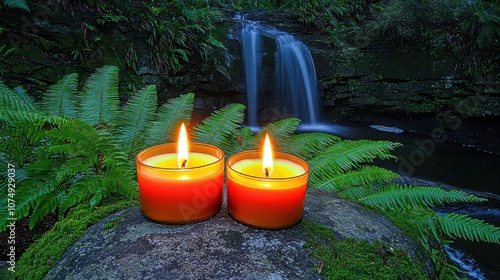 Two lit candles beside a serene waterfall, surrounded by lush green ferns.