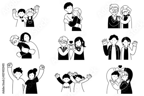 多世代の仲良しペア[男女]の単色イラスト(セット)
