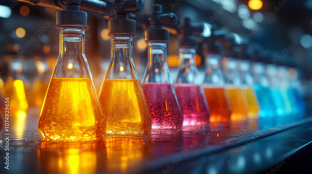 A row of vibrant laboratory flasks filled with colorful liquids, arranged in a gradient A row of vibrant laboratory flasks filled with colorful liquids, arranged in a gradient