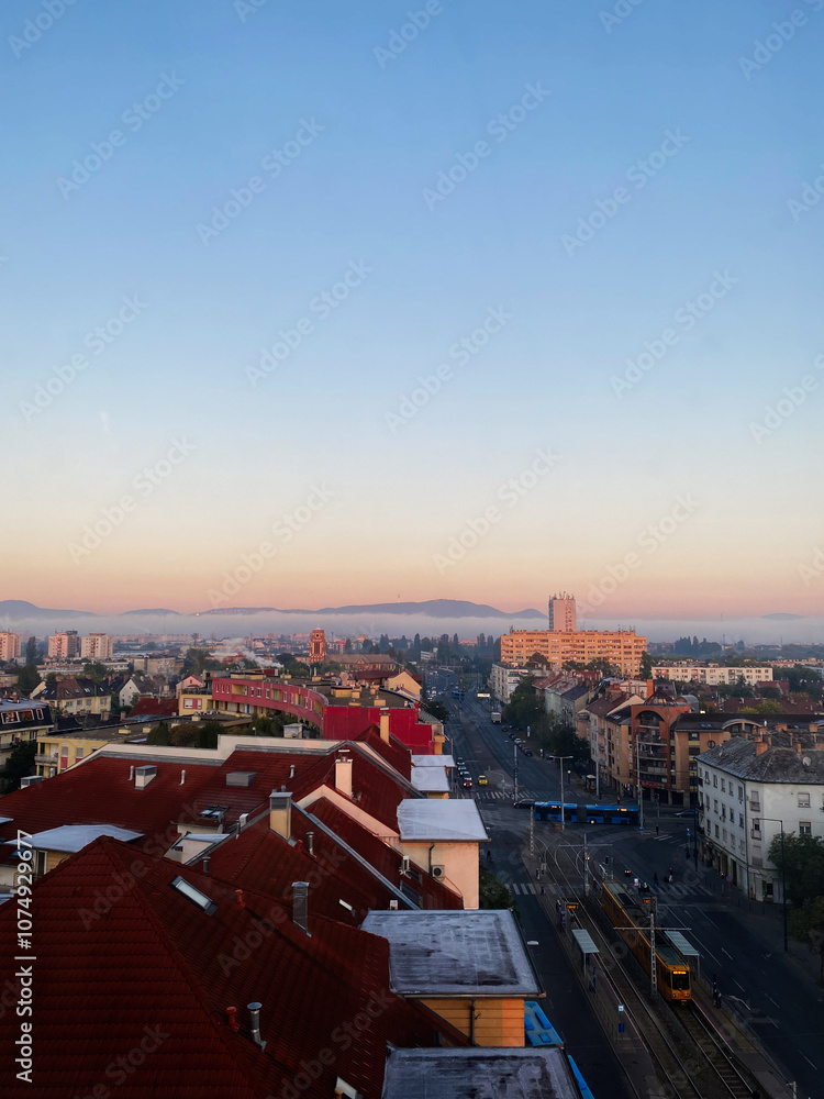 Fototapeta premium Aerial view of cityscape with red roofs and sunrise sky in Budapest, Hungary.