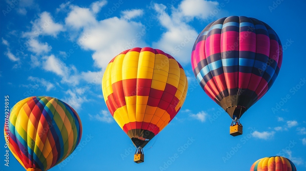 Vibrant hot air balloons soar against a blue sky dotted with fluffy white clouds, creating a colorful spectacle of adventure and freedom in the air. Vibrant hot air balloons soar against a blue sky dotted with fluffy white clouds, creating a colorful spectacle of adventure and freedom in the air.