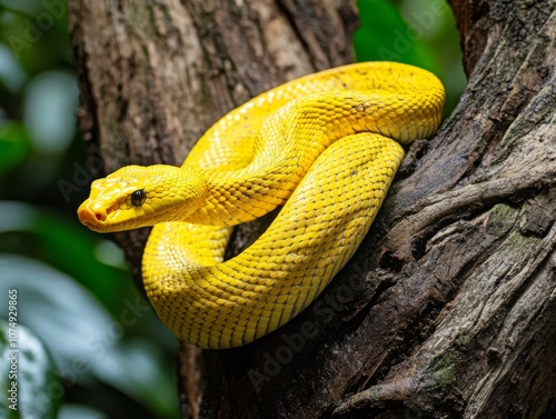 Yellow Albino Snake Wrapped Around an Aged Tree Bark with Striking Color Contrast