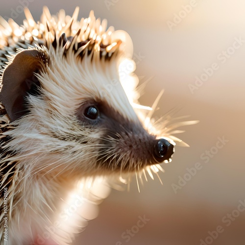 Adorable hedgehog close-up, with tiny paws tucked in and a curious expression, quills soft and face gentle photo