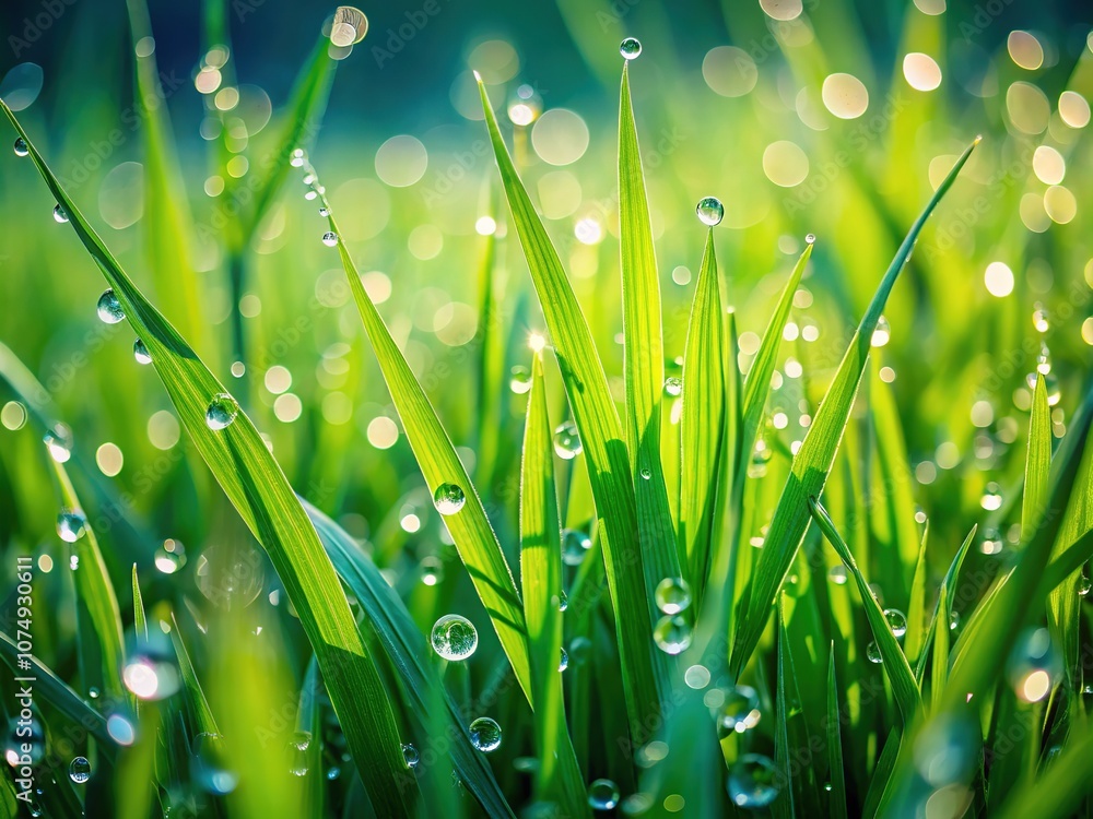 Fototapeta premium Close up view of a grassy field, morning dew glistening.