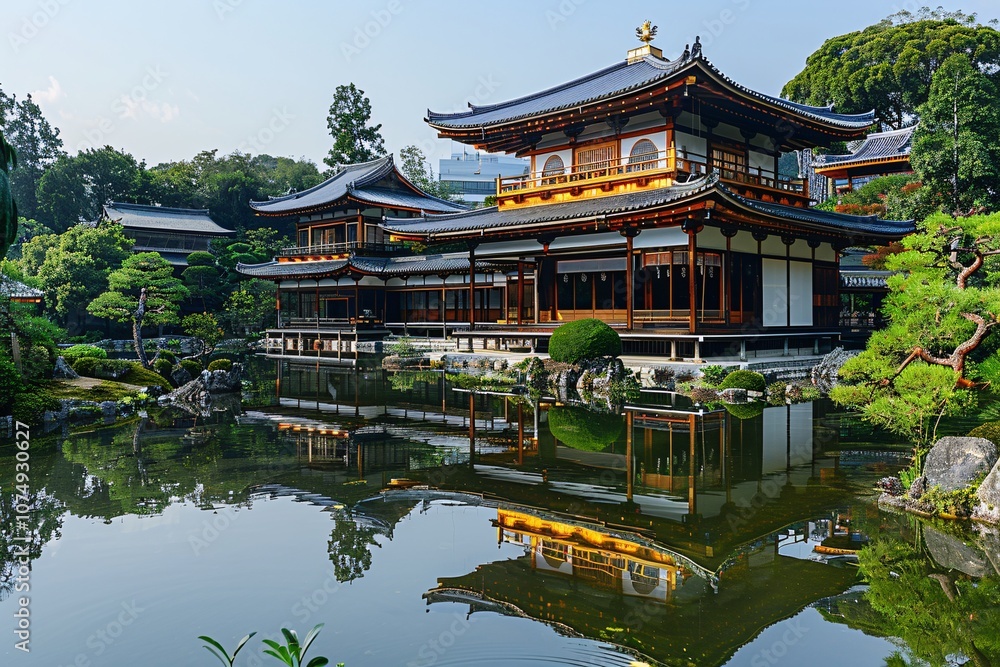A stunning building features intricate designs and vibrant colors beside a tranquil pond. Lush plants and trees surround the area, creating a peaceful and harmonious environment