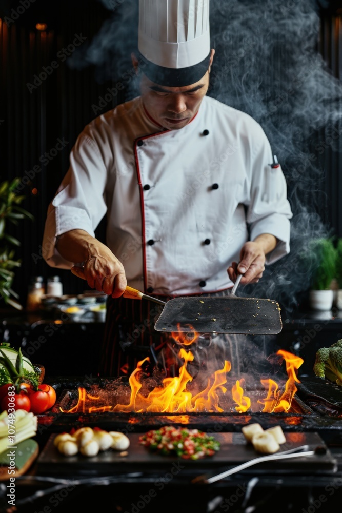 Chef Preparing Teppanyaki on a Hot Grill in Restaurant Kitchen Chef Preparing Teppanyaki on a Hot Grill in Restaurant Kitchen