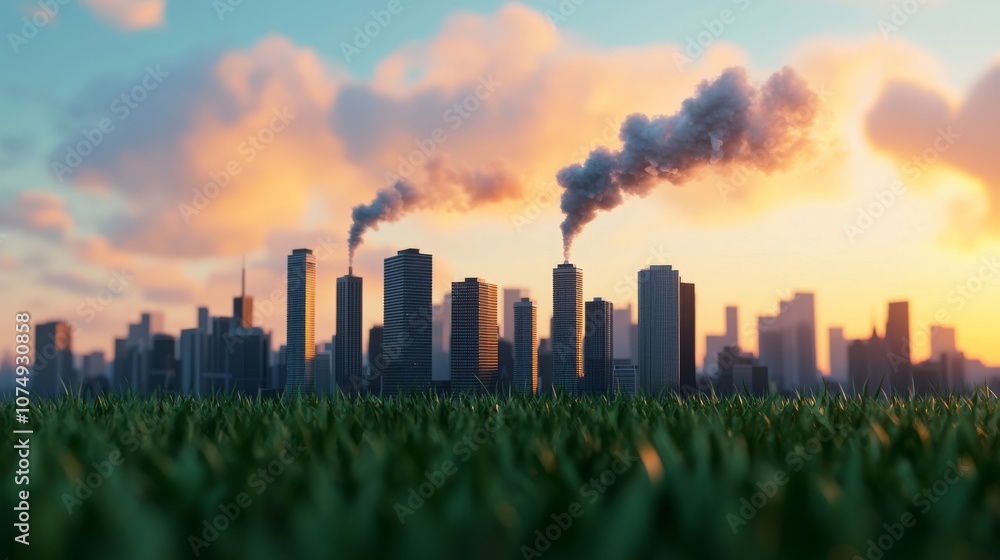 Fototapeta premium Cityscape with smoke pollution and green grass in foreground.