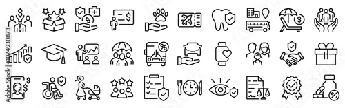 Employee benefit web line icons. Included icons as teamwork, insurance, paid Vacation, pension, social Security. Vector illustration. editable stroke