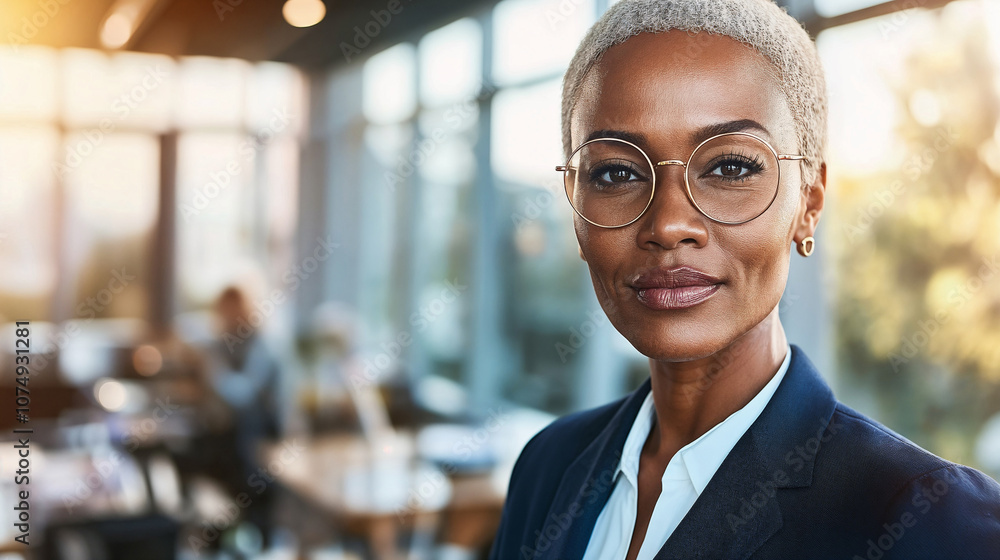Fototapeta premium Bellissima donna afro americana di 45 anni con vestito elegante, occhiali e capelli bianchi in un moderno ufficio con ampie vetrate e vista sulla città