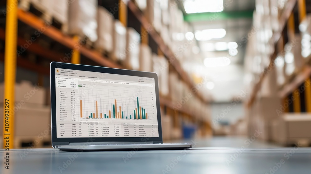 Laptop with Graph in a Warehouse. Laptop with Graph in a Warehouse.